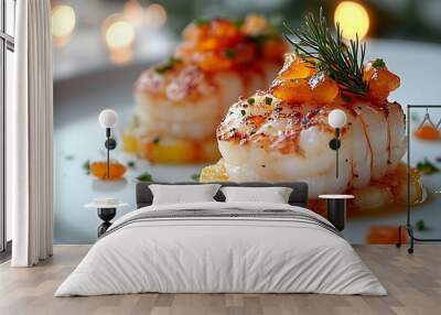 Two shrimps with pineapple and herbs on a white plate Wall mural