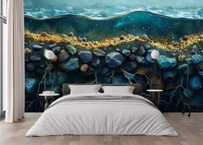 Underwater view of rocks, roots, and sand with water surface above Wall mural