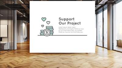 Vector Icon Style Illustration Banner Template for Web Site with Donation Button and Support Slogan, Donate for Project and Developers, Send Money to Help Wall mural