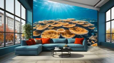 Vibrant coral reef bathed in sunlight under the ocean surface Wall mural