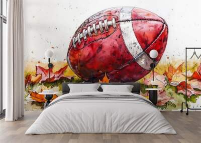 Watercolor illustration of a football nestled in autumn leaves Wall mural