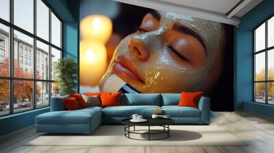 Woman enjoying a relaxing facial mask treatment at a spa Wall mural