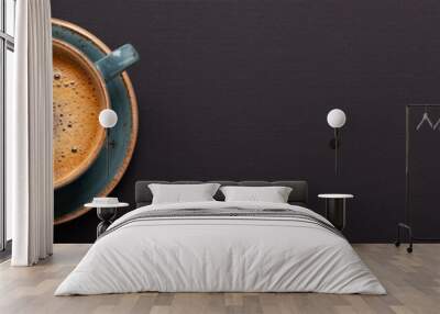 Cup of coffee on black background. Copy space. Top view. Flat lay. Panorama Wall mural