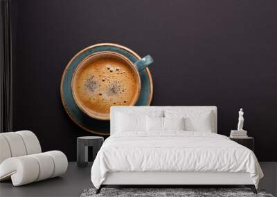 Cup of coffee on black background. Copy space. Top view. Flat lay. Wall mural