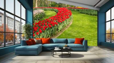 Flower bed of red beautiful tulips. Green lawn. Beautiful spring tulips flowers in park. Sunny day. Copy space for text - Image Wall mural