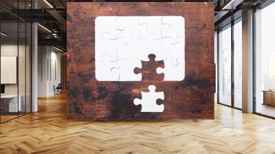 Jigsaw Puzzle with missing piece on old wooden background Top view Wall mural