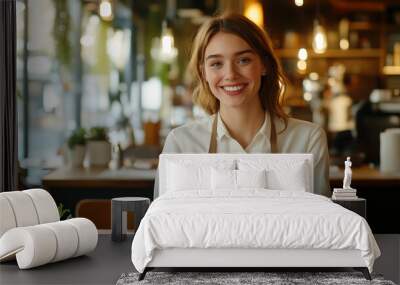 A cheerful barista serving coffee at a cozy café during a sunny afternoon Wall mural