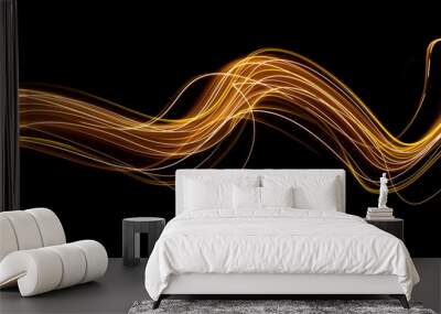 Long exposure light painting photography, curvy lines of vibrant neon metallic yellow gold against a black background Wall mural