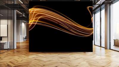 Long exposure light painting photography, curvy lines of vibrant neon metallic yellow gold against a black background Wall mural