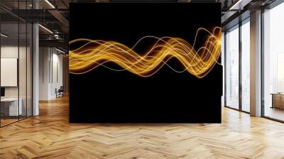 Long exposure photograph of neon colour in an abstract swirl, parallel lines pattern against a black background. Light painting photography. Wall mural