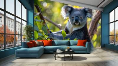 Charming Koala Clinging to Eucalyptus Tree Branch Surrounded by Lush Green Foliage in Serene Natural Habitat Wall mural