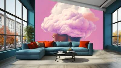 A faceless woman who has a big, thick, white cloud instead of a face. The world of imagination and thinking. Abstract portrait. Pastel pink background. Illustration, Generative AI. Wall mural