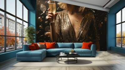 A luxurious cocktail party with champagne on  New Year's Eve. A young, elegant woman in a glittering gold dress toasts the holidays. Wall mural