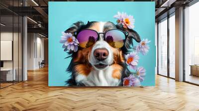 Abstract animal portrait of a dog with sunglasses covered with fresh, spring flowers. A dog dressed as a hipster for a music festival. Illustration, Generative AI. Wall mural