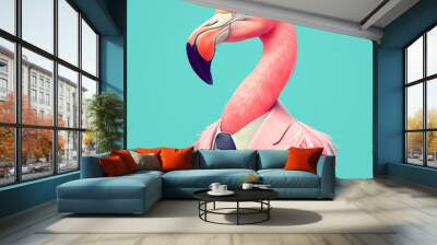 Abstract creative animal concept of a flamingo posing as a man in a human elegant business suit. Pink tropical flamingo in clothes. Illustration, Generative AI. Wall mural