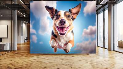 Abstract portrait, selfie of pet dog animals, happy, funny dogs posing on a pastel cloud blue background. Illustration, Generative AI. Wall mural