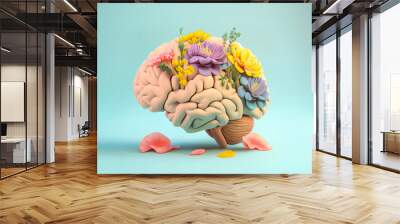 Abstract realistic illustrated pastel colorful brain made of fresh Spring flowers. Decorative human heart. Soft pastel blue minimal background. Generative AI. Wall mural