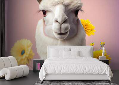 Creative animal Spring concept, domestic animal dressed in spring costume and fresh field flowers. Portrait of a llama on a pastel background. Illustration, Generative AI. Wall mural