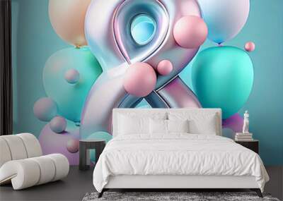 Creative number eight 8 concept made of colorful pastel balloons. Balloon font concept on pastel blue background. Birthday illustration, Generative AI. Wall mural