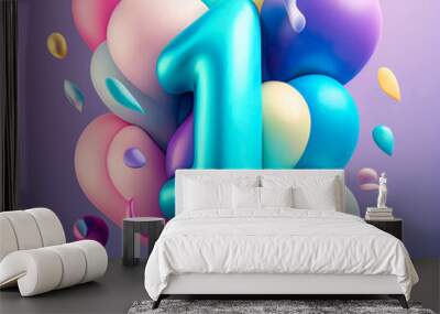 Creative number one 1 concept made of colorful pastel balloons. Balloon font concept on pastel blue background. Birthday illustration, Generative AI. Wall mural