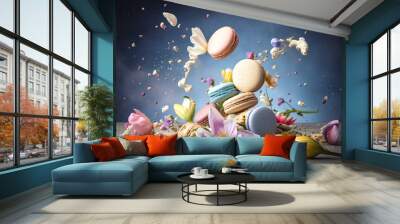 Delicious spring decoration of sweets on the table, fresh, sweet pastel cookies, macaroons. Tasty dessert and spring flowers. Illustration, Generative AI. Wall mural