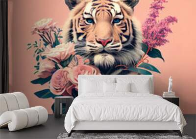 Exotic summer wild animal, tiger with bouquet of fresh spring flowers. Tropical pastel pink background. Abstract love animal concept. Illustration, Generative AI. Wall mural