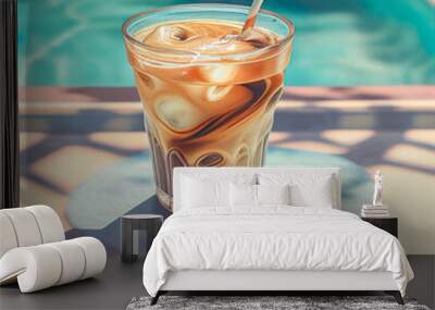 Illustrated summer drink, iced sweet coffee by the pool. Exotic holiday and beverage as refreshment. Hot sunny day. Illustration. Generative AI. Wall mural