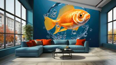 Minimal animal concept, a goldfish that fulfills three wishes. Citrus orange and blue color. Abstract water creative portrait. Illustration. Generative AI. Wall mural