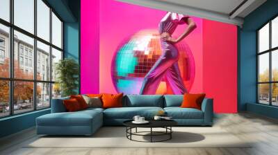 Music party girl on crazy summer party, abstract concept, playing dance music. A futuristic party confetti, balloons, disco balls. Fun youthful atmosphere in the club. Illustration, Generative AI. Wall mural