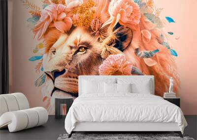 Pastel pink animal concept, love animal covered with fresh spring flowers all over its body. Pink lion. Illustration. Generative AI. Wall mural