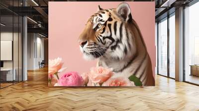 Pastel pink animal concept, love animal covered with fresh spring flowers all over its body. Pink tiger. Illustration. Generative AI. Wall mural