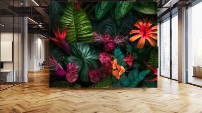 Seamless pattern tropical background, illustration of exotic summer leaf and plants in vivid colorful colors, flat lay. Illustration, Generative AI. Wall mural