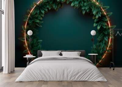 Winter neon cyber conifer frame, Christmas tree flat lay background with copy space. Wall mural