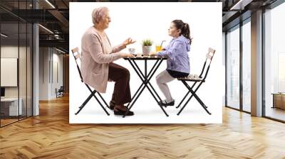 A Full length profile shot of a senior woman sitting at a table with coffee and talking to her granddaughter isolated on white background Wall mural