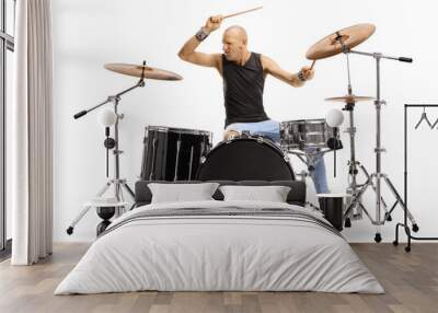 Bald man musician playing drums Wall mural