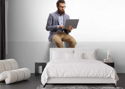 Bearded guy with on a laptop sitting on a panel Wall mural