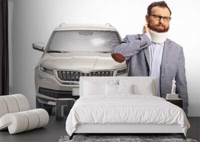 Bearded man with a cervical collar after a car accident Wall mural