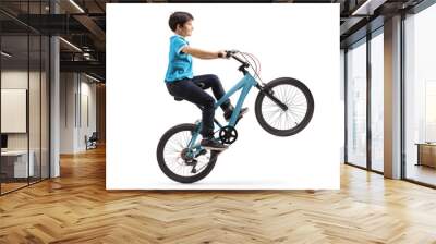 Boy performing bicycle acrobatics and riding with one wheel up Wall mural