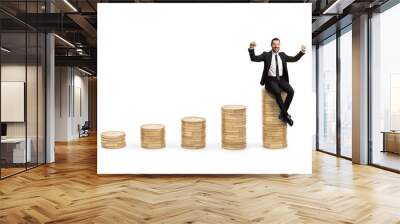 Businessman seated on top of a coin pile and gesturing happiness Wall mural