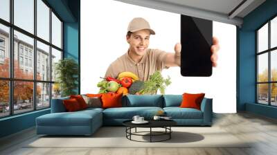 Delivery man with a bag of groceries and a phone Wall mural