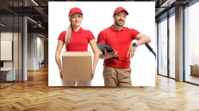 Delivery workers with boxes and a hand truck Wall mural