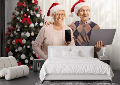 Elderly couple doing christmas shopping online with a laptop and credit card Wall mural