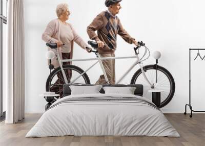 Elderly man and woman pushing a tandem bicycle Wall mural