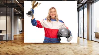 Female car racing champion holding a trophy Wall mural