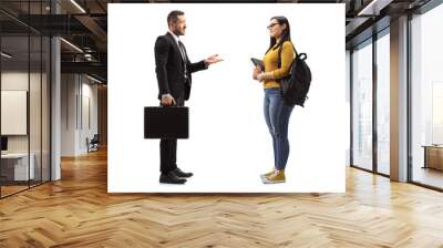 Female student and a businessman having a conversation Wall mural