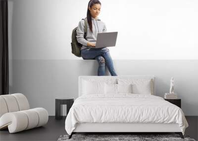 Female student sitting on a blank board and using a laptop computer Wall mural