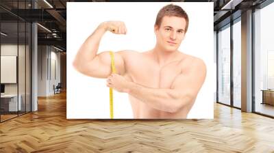 Fit shirtless guy measuring his muscle Wall mural