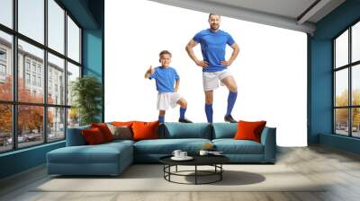 Football coach and a boy with a soccer ball gesturing thumbs up Wall mural