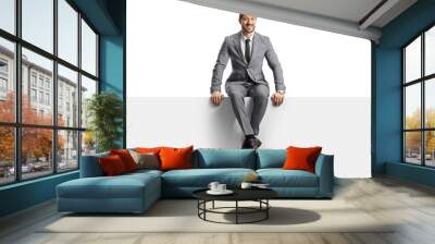 Full length portrait of a businessman in a grey suit sitting on a blank panel and smiling Wall mural