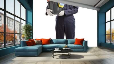 Full length portrait of a female professional cleaner holding a bucket with cleaning supplies Wall mural